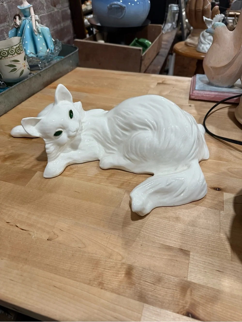 White Ceramic Cat Figurine Green Eyes - Decorative Pet Sculpture large vintage